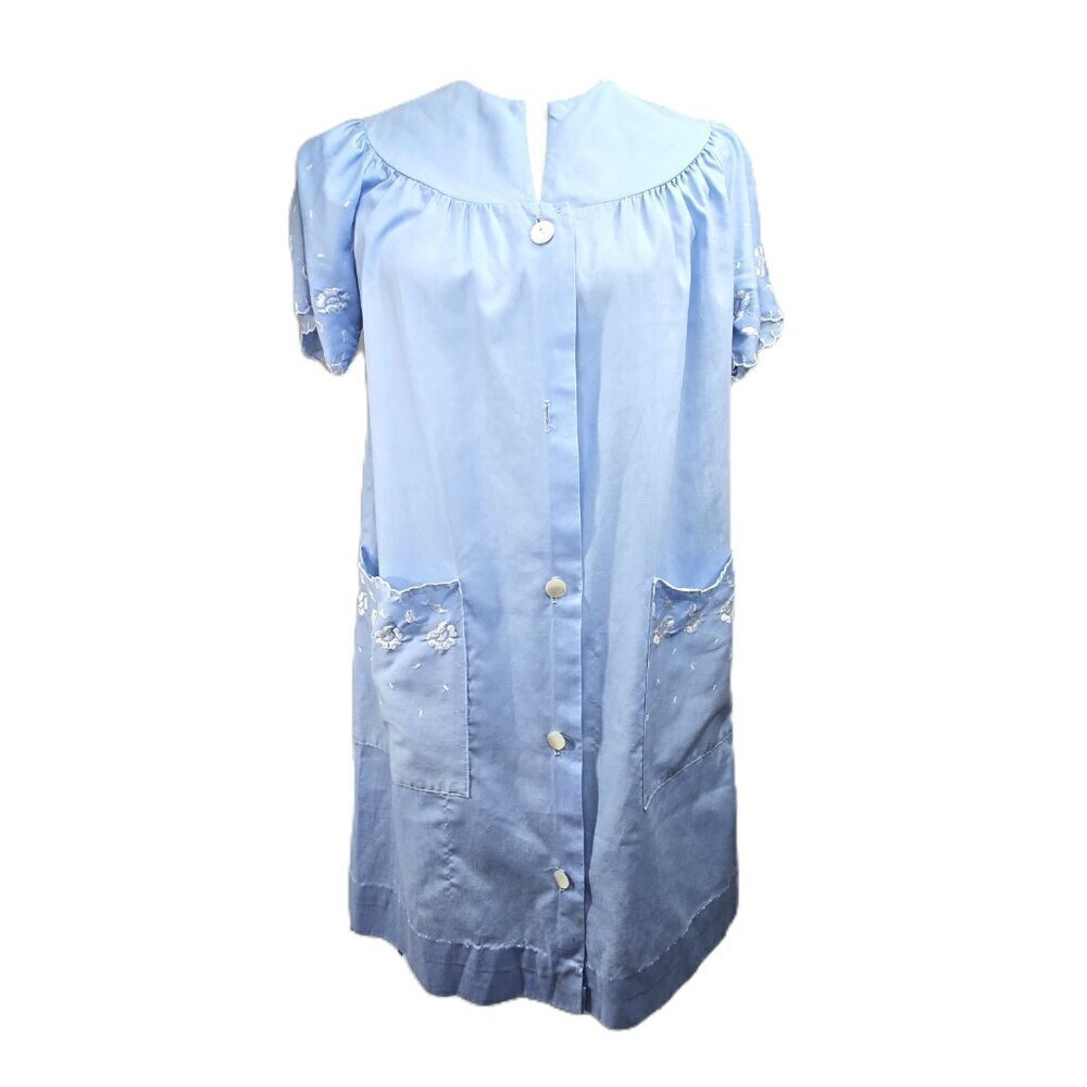 Vintage Light Blue Floral Embroidered Single Stitch Button Front House Dress